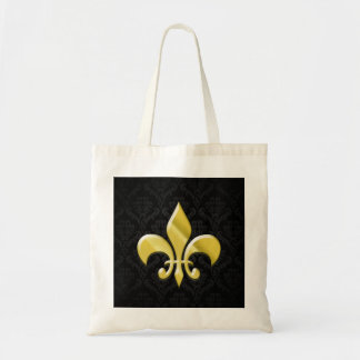 Black/Gold Damask Fleur de Lis Tote Bag