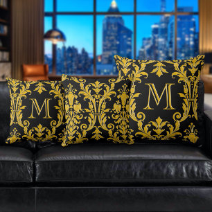 Black & Gold Damask Floral Swirls Monogram Cushion