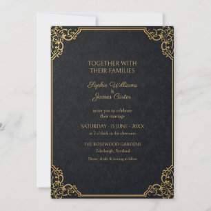 Black Gold Damask Frame Wedding Invitation