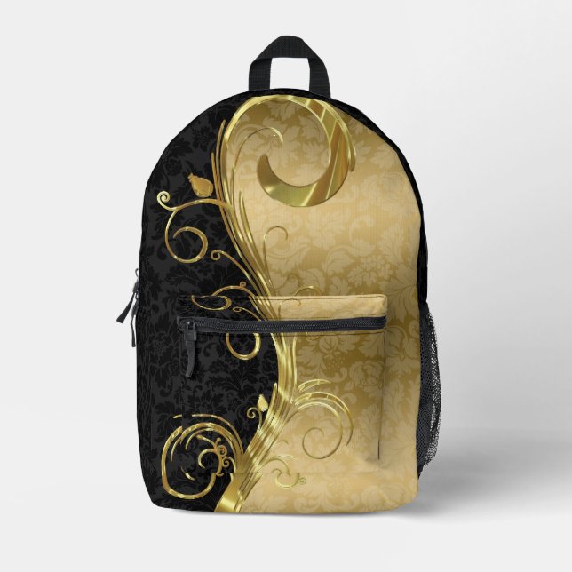 Black Gold Damask Gold Swirls Printed Backpack (Front)