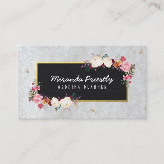 Black Gold Damask Handmade Paper Wedding Planner Business Card (Front)
