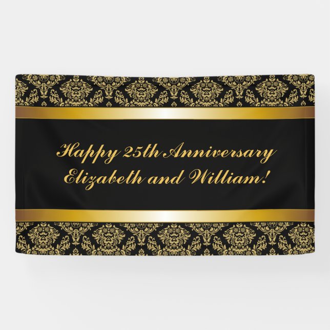 Black Gold Damask Happy Anniversary Banner (Horizontal)