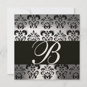 BLACK & GOLD DAMASK MONOGRAM moonstone Invitation