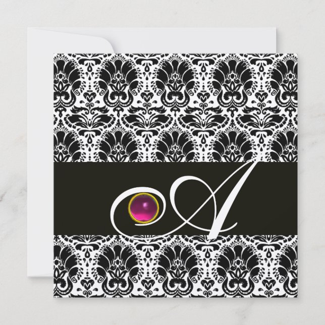 BLACK GOLD  DAMASK MONOGRAM Pink Fuchsia Amethyst Invitation (Front)