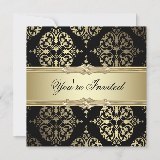 Black Gold Damask Party Invitations (Front)
