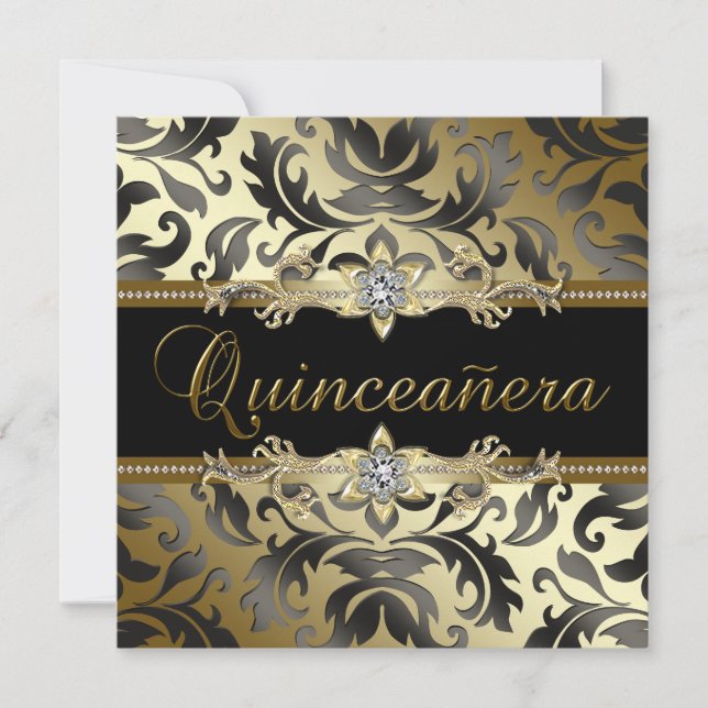 Black Gold Damask Quinceanera Invitations (Front)
