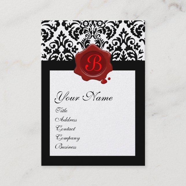 BLACK GOLD DAMASK RED WAX SEAL MONOGRAM BUSINESS CARD (Front)