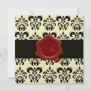 BLACK & GOLD DAMASK, RED WAX SEAL MONOGRAM INVITATION
