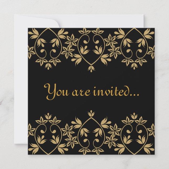 Black gold damask royal Wedding Invitations (Front)