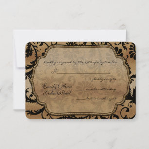 Black & Gold Damask Swirls Wedding RSVP Card