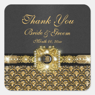 Black gold damask "thank you" square sticker