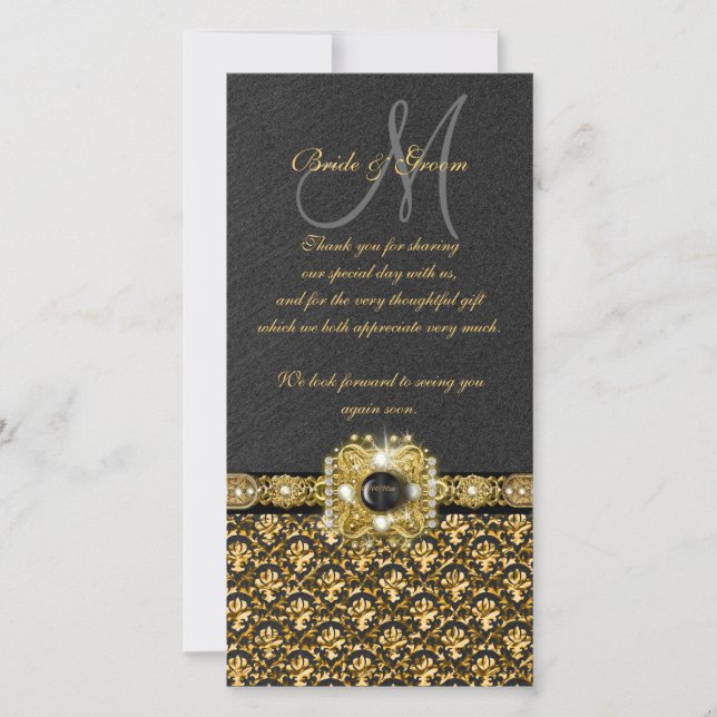 Black gold damask "thank you" thank you card (Front)