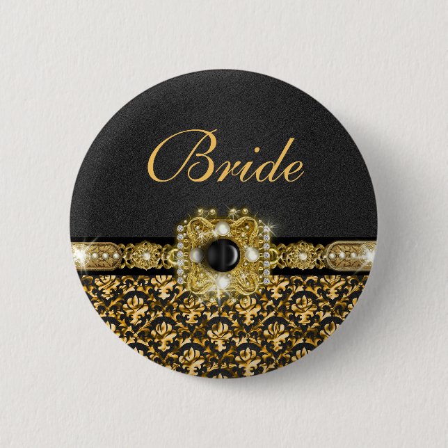 Black gold damask wedding bride 6 cm round badge (Front)