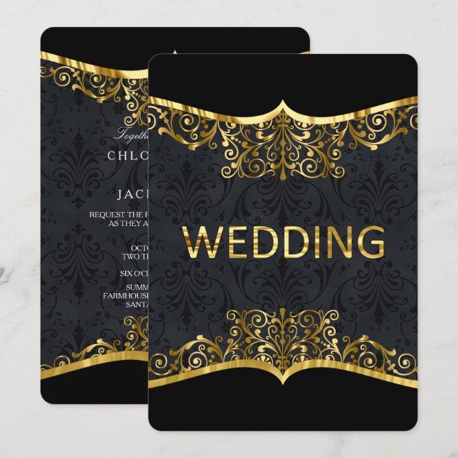 Black Gold Damask Wedding Elegant Invitation Front (Front/Back)
