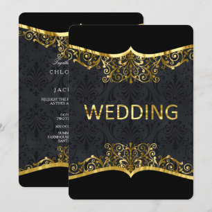 Black Gold Damask Wedding Elegant Invitation Front