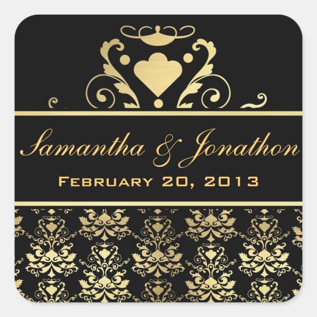 Black & Gold Damask Wedding Labels (Front)