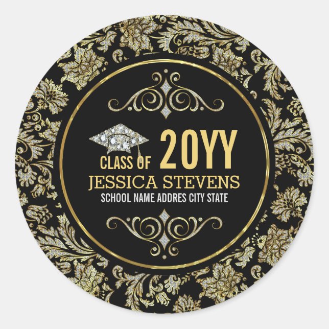 Black & Gold Damasks 2 With Glitter Graduation Hat Classic Round Sticker (Front)
