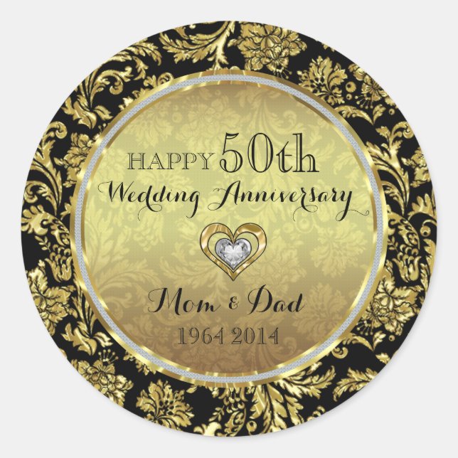 Black & Gold Damasks 50th Wedding Anniversary Classic Round Sticker (Front)