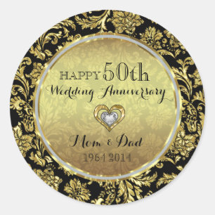 Black & Gold Damasks 50th Wedding Anniversary Classic Round Sticker
