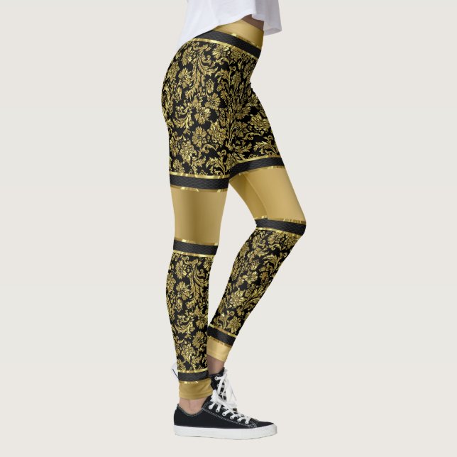 Black & Gold Damasks & Stripes Pattern Leggings (Right)