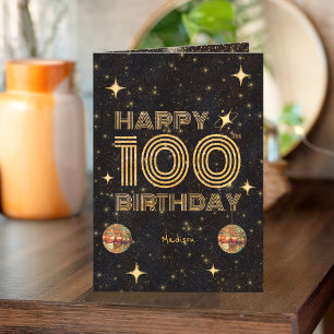 Black Gold Dancing Disco Ball 100th Happy Birthday Card