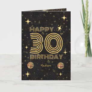 Black Gold Dancing Disco Ball 30th Happy Birthday Card