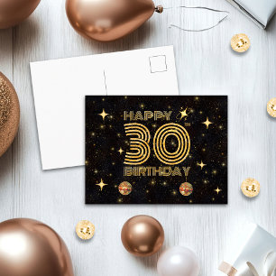 Black Gold Dancing Disco Ball 30th Happy Birthday Postcard