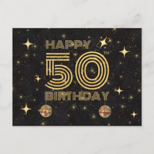 Black Gold Dancing Disco Ball 50th Happy Birthday Postcard