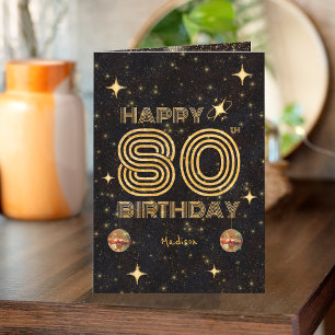 Black Gold Dancing Disco Ball 80th Happy Birthday Card