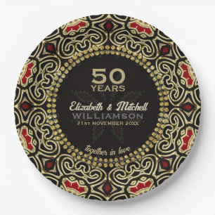 Black+Gold Decor Modern Damask 50th Anniversary Paper Plate