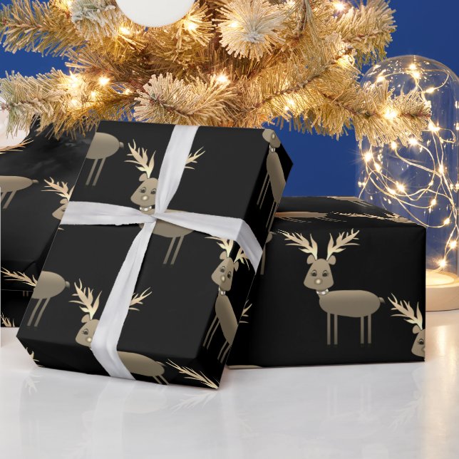 Black & Gold Deer Christmas Wrapping Paper Sheet (Holidays)