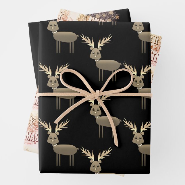 Black & Gold Deer Christmas Wrapping Paper Sheet (In situ)
