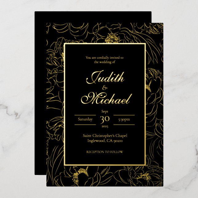Black Gold Deluxe Evening Wedding Foil Invitation (Front/Back)