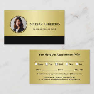 Black & gold design, Logo or Photo in gold circle, Appointment Card
