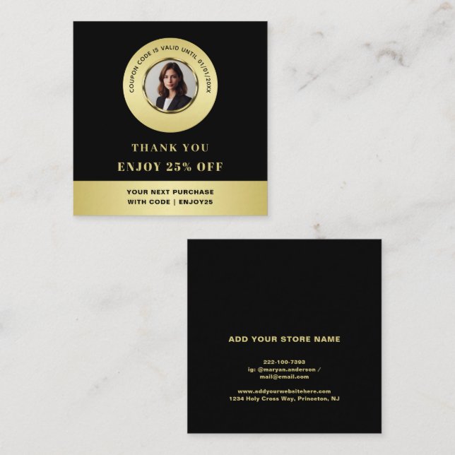 Black & gold design, Logo or Photo in gold circle, Discount Card (Front/Back)