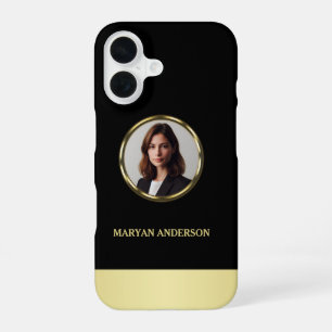 Black & gold design, Logo or Photo in gold circle, iPhone 16 Case