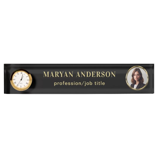 Black & gold design, Logo or Photo in gold circle, Nameplate (Front)
