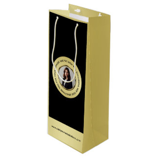 Black & gold design, Logo or Photo in gold circle, Wine Gift Bag