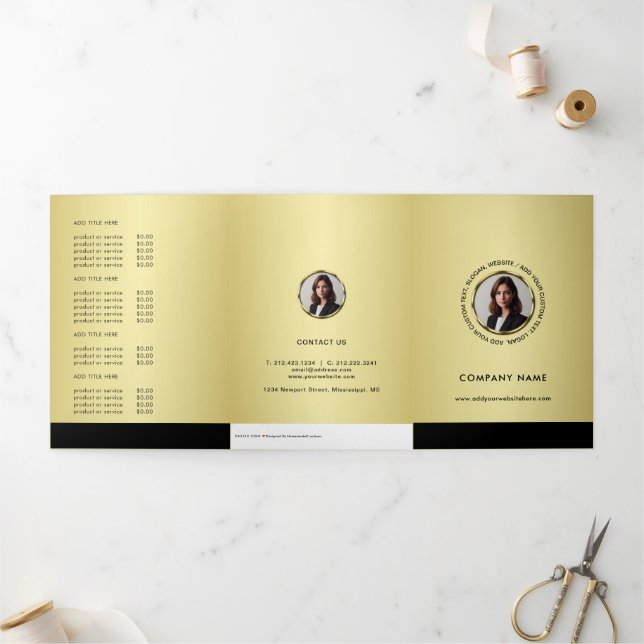 Black & gold design, Logo or Photo, Price List  Tri-Fold Card (Outside)