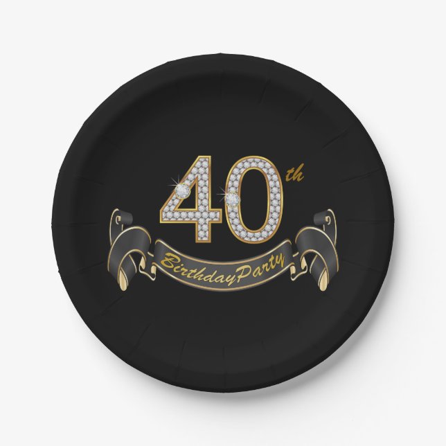 Black Gold Diamond 40th Birthday Party Paper Plate (Front)