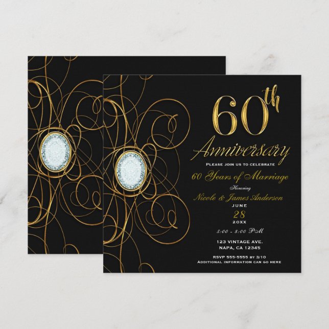 Black & Gold Diamond 60 60th Anniversary Invitation (Front/Back)