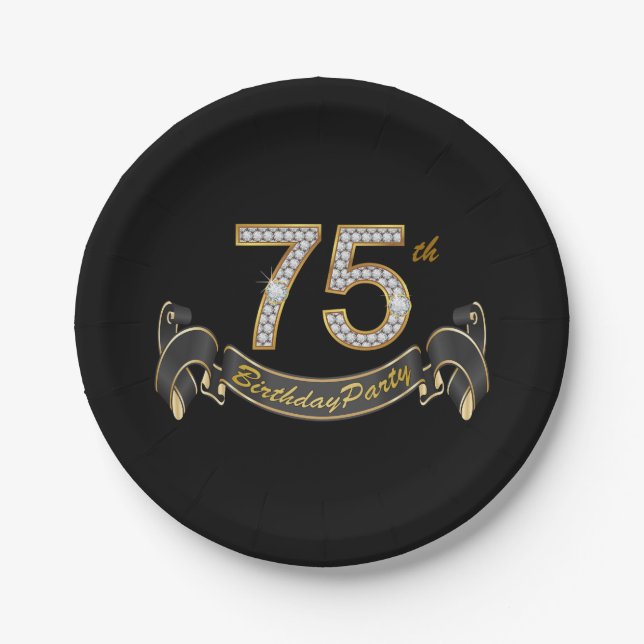 Black Gold Diamond 75th Birthday Party Paper Plate (Front)