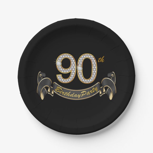 Black Gold Diamond 90th Birthday Party Paper Plate (Front)