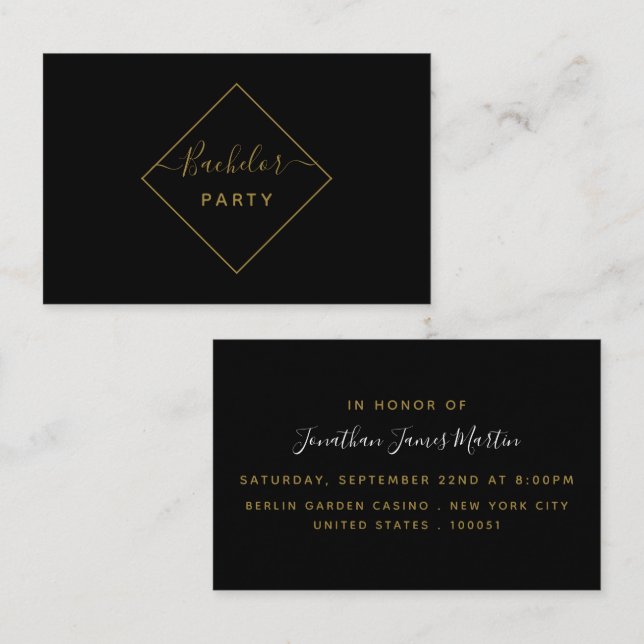 Black & Gold Diamond Bachelor Party Ticket Invite (Front/Back)