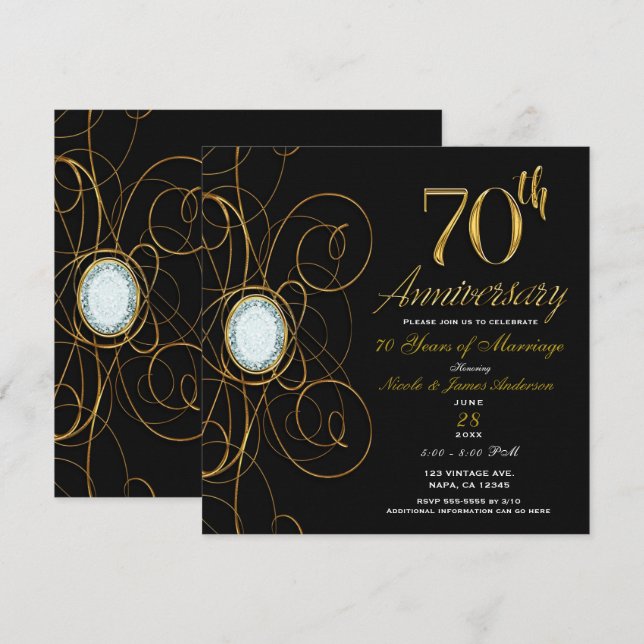 Black & Gold Diamond Chic 70 70th Anniversary Invitation (Front/Back)