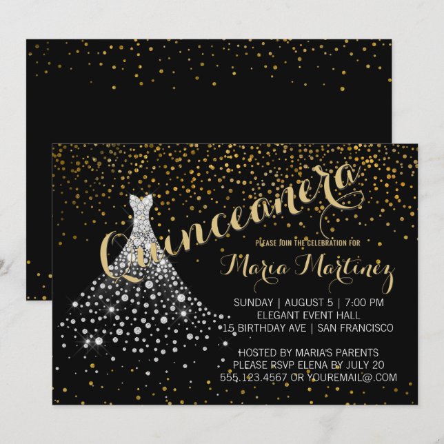 Black Gold Diamond Dress Quinceanera Invitation (Front/Back)