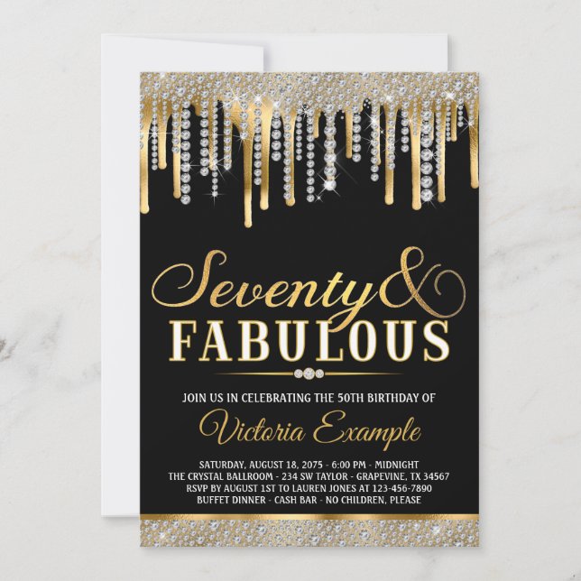 Black Gold Diamond Drip Fabulous 70 Birthday Party Invitation (Front)