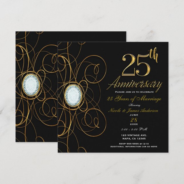 Black & Gold Diamond Elegant 25 25th Anniversary Invitation (Front/Back)