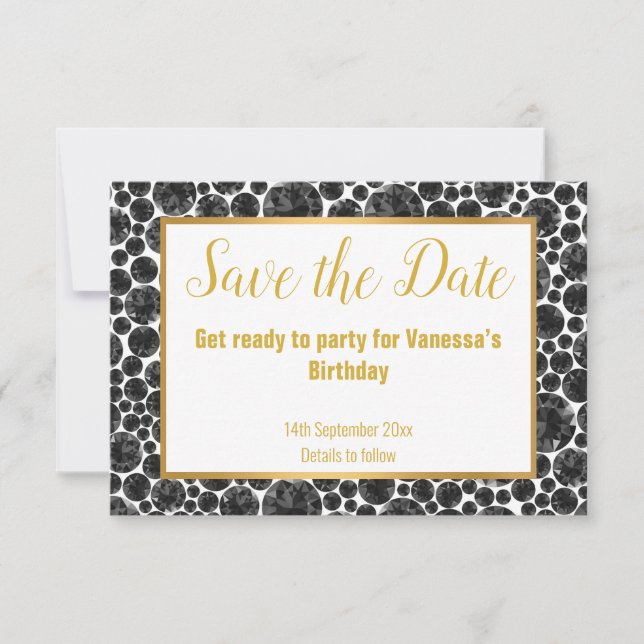 BLACK GOLD DIAMOND ELEGANT SAVE THE DATE RSVP CARD (Front)