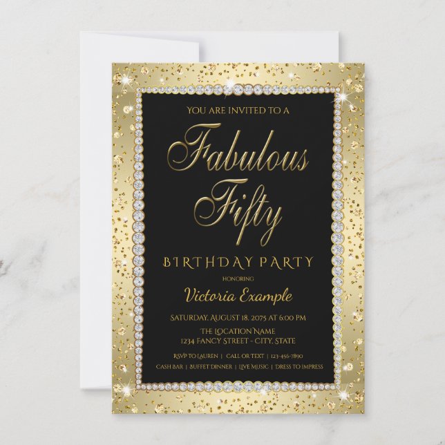 Black Gold Diamond Fabulous 50 Birthday Invitation (Front)